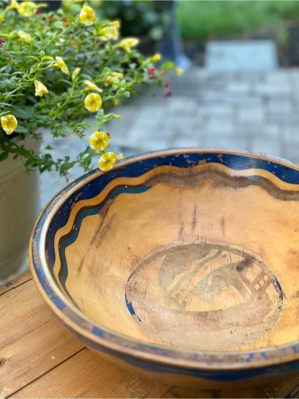Large Hand Turned Wooden Dough Bowl Rustic Farmhouse Centerpiece Painted